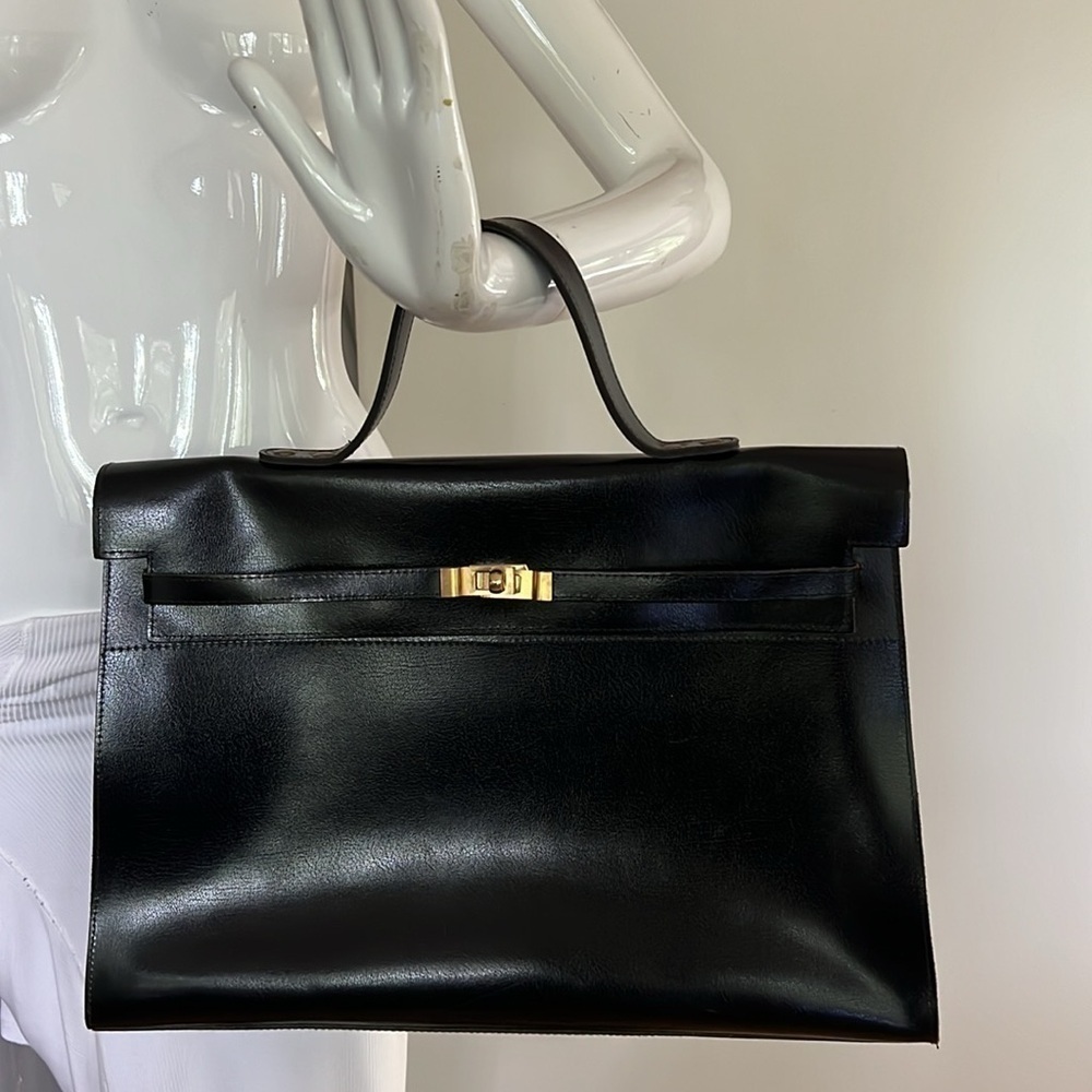 Vintage Large Black Leather Sellier Style Handbag Made in France - Picture 4 of 14